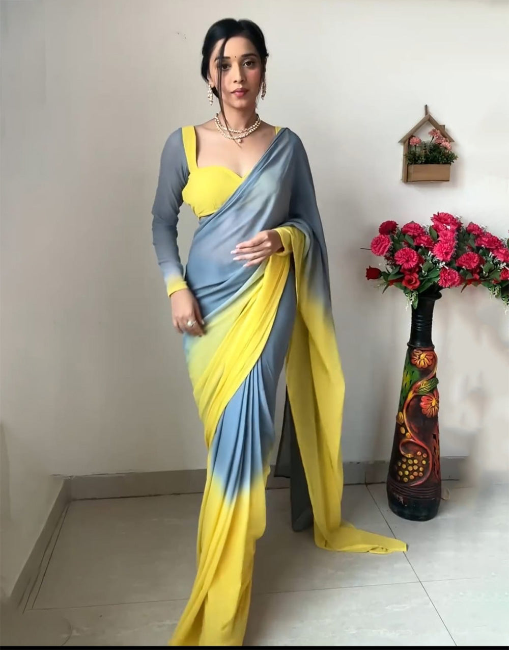 Gray & Yellow Soft Georgette Fancy Ready To Wear Saree