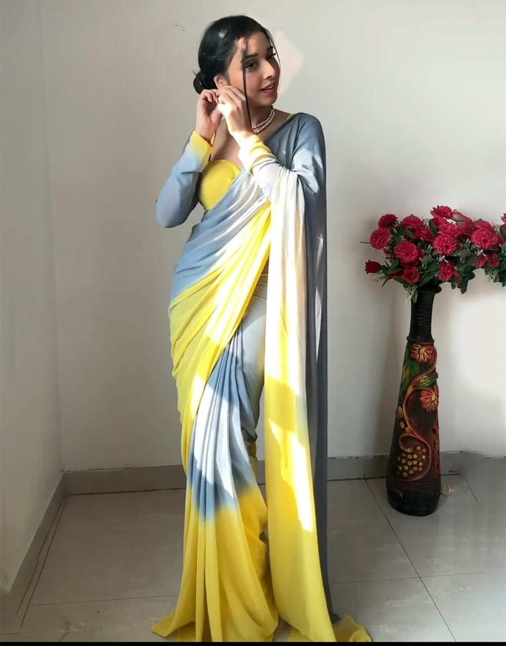 Gray & Yellow Soft Georgette Fancy Ready To Wear Saree