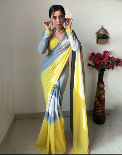 Gray & Yellow Soft Georgette Fancy Ready To Wear Saree