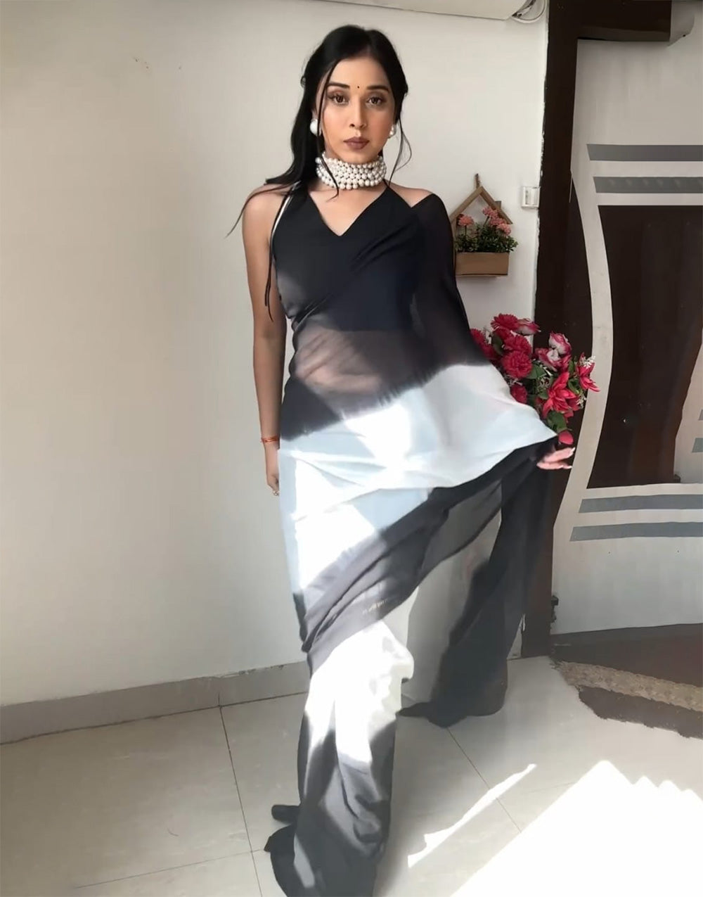 Black & White Soft Georgette Fancy Ready To Wear Saree