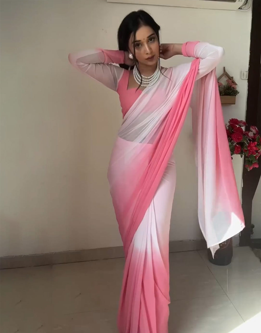 Baby Pink & White Soft Georgette Fancy Ready To Wear Saree