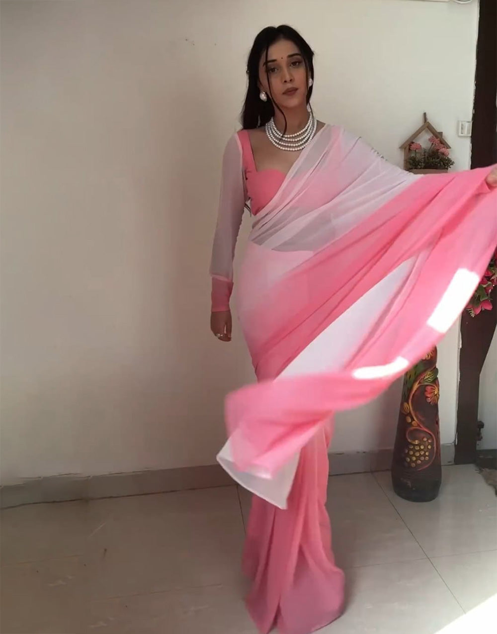 Baby Pink & White Soft Georgette Fancy Ready To Wear Saree