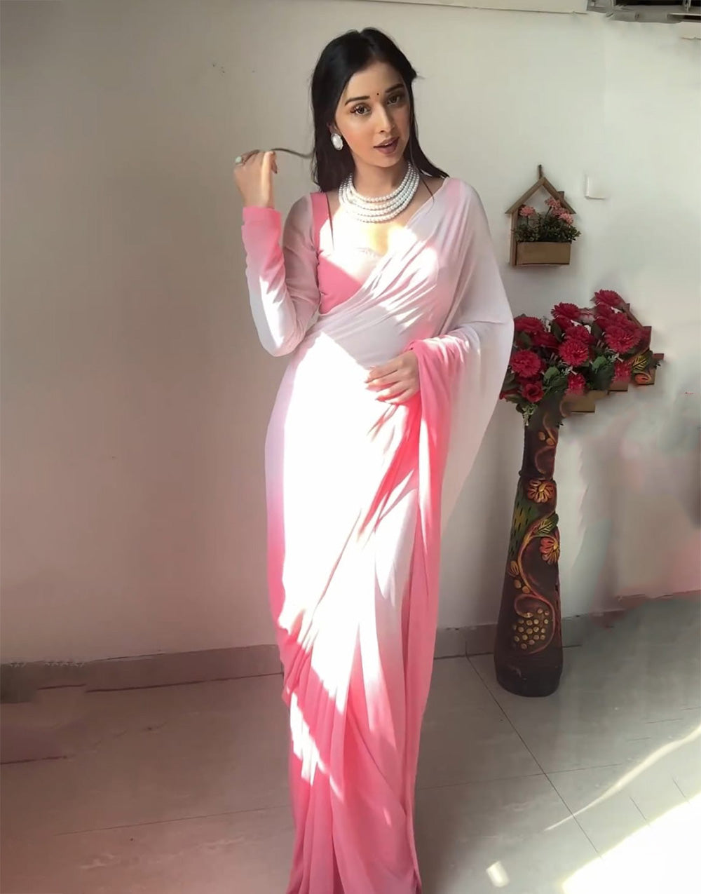 Baby Pink & White Soft Georgette Fancy Ready To Wear Saree