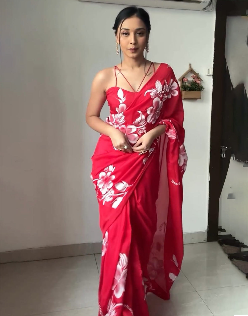 Red Soft Georgette Printed Fancy Ready To Wear Saree