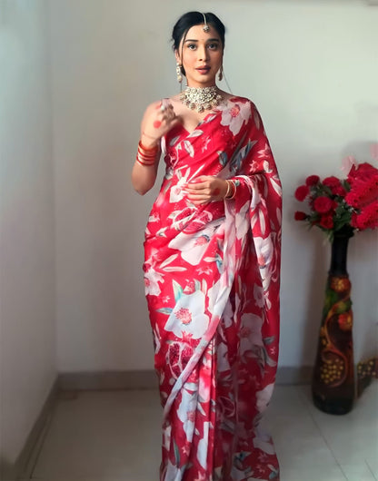 Red & White Georgette Printed Fancy Ready To Wear Saree