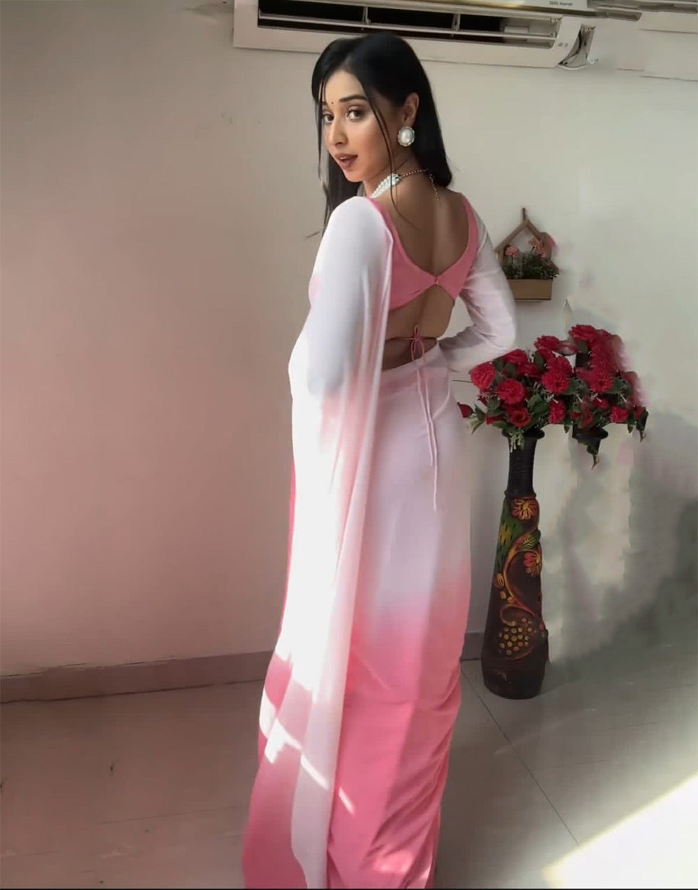 Baby Pink & White Soft Georgette Fancy Ready To Wear Saree