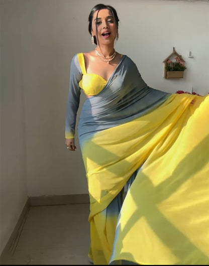 Gray & Yellow Soft Georgette Fancy Ready To Wear Saree