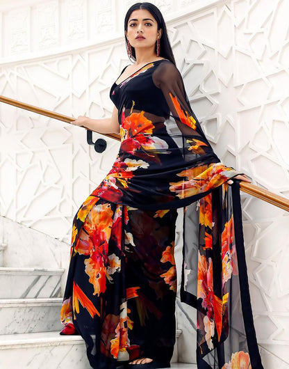 Black Color Printed & Georgette Saree