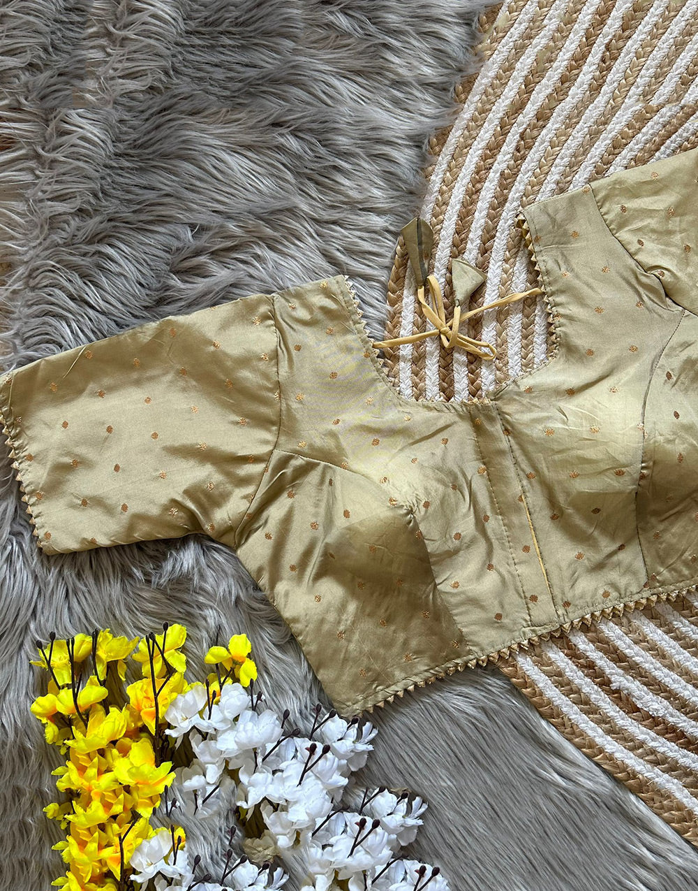 Cream Soft Silk With Golden Butti Readymade Blouse