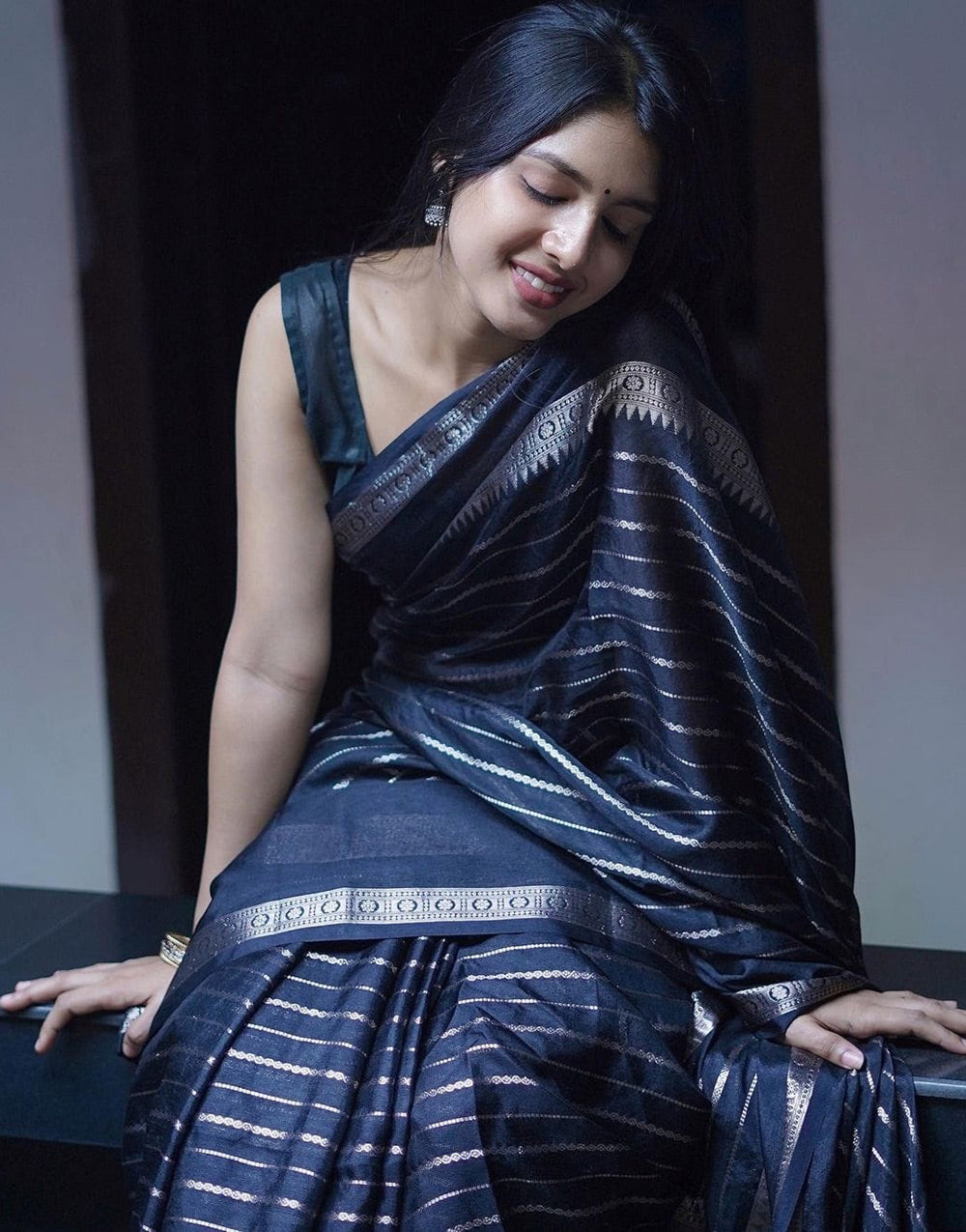 Black Soft Lichi Silk Saree With Zari Weaving Work