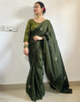 Green Soft Chinnon Saree With Handwork & Flower Design Work