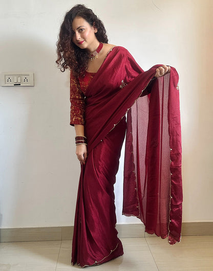 Maroon Soft Chinnon Saree With Handwork & Flower Design Work