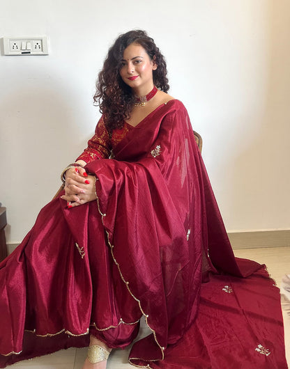 Maroon Soft Chinnon Saree With Handwork & Flower Design Work