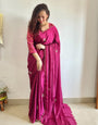Rani Pink Soft Chinnon Saree With Handwork & Flower Design Work