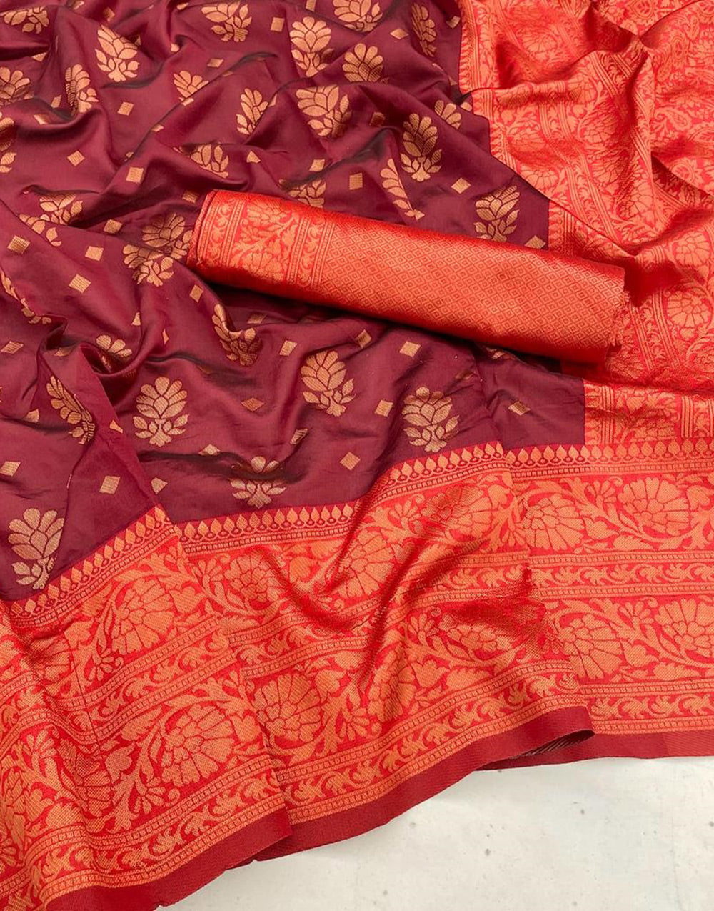 Maroon Soft Lichi Silk Saree With Zari Weaving Work