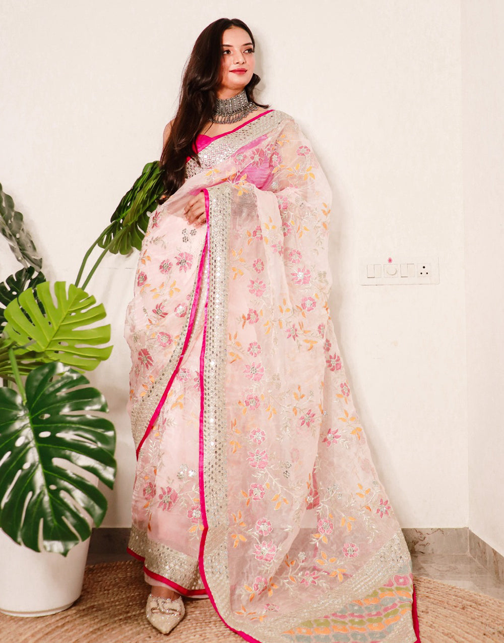 Light Peach Organza Saree With Sequence Work