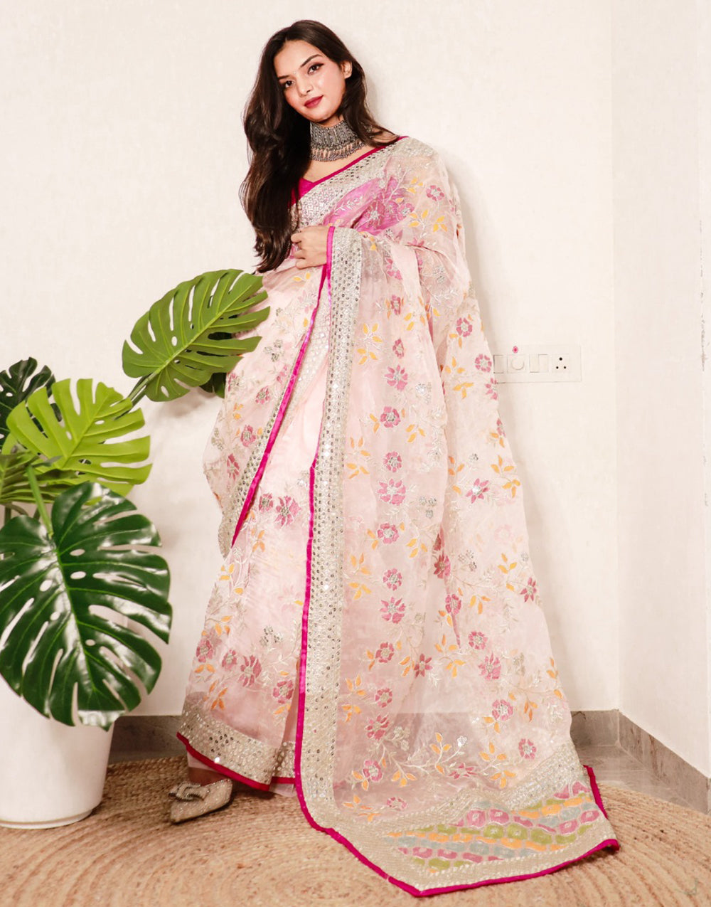 Light Peach Organza Saree With Sequence Work