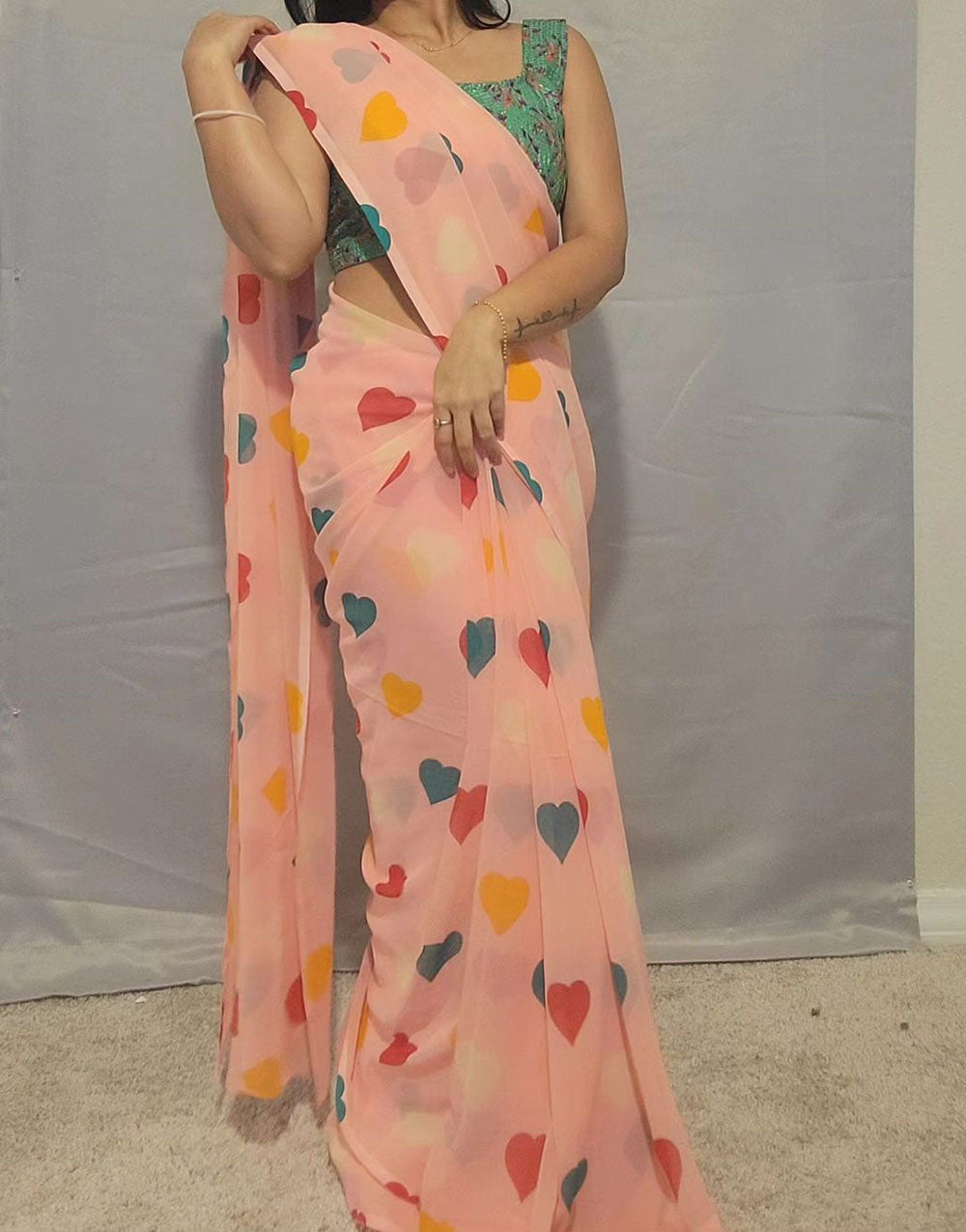 Peach Georgette Printed Ready To Wear Saree