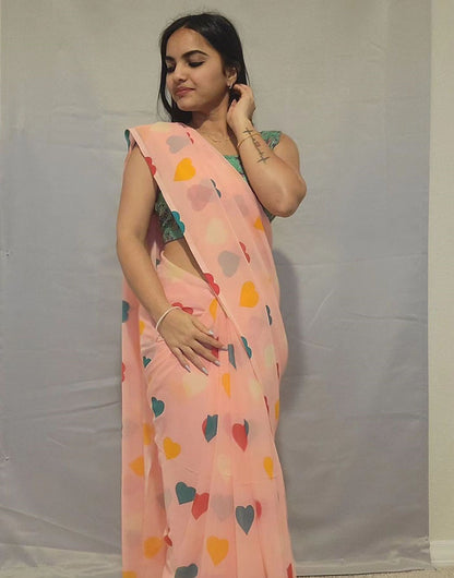 Peach Georgette Printed Ready To Wear Saree