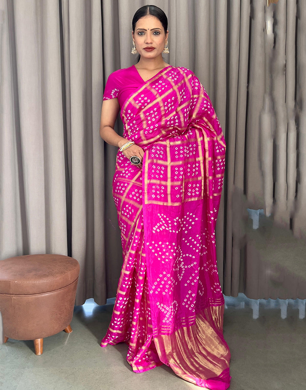 Deep Pink Hand Bandhej Bandhani Saree With Weaving Work