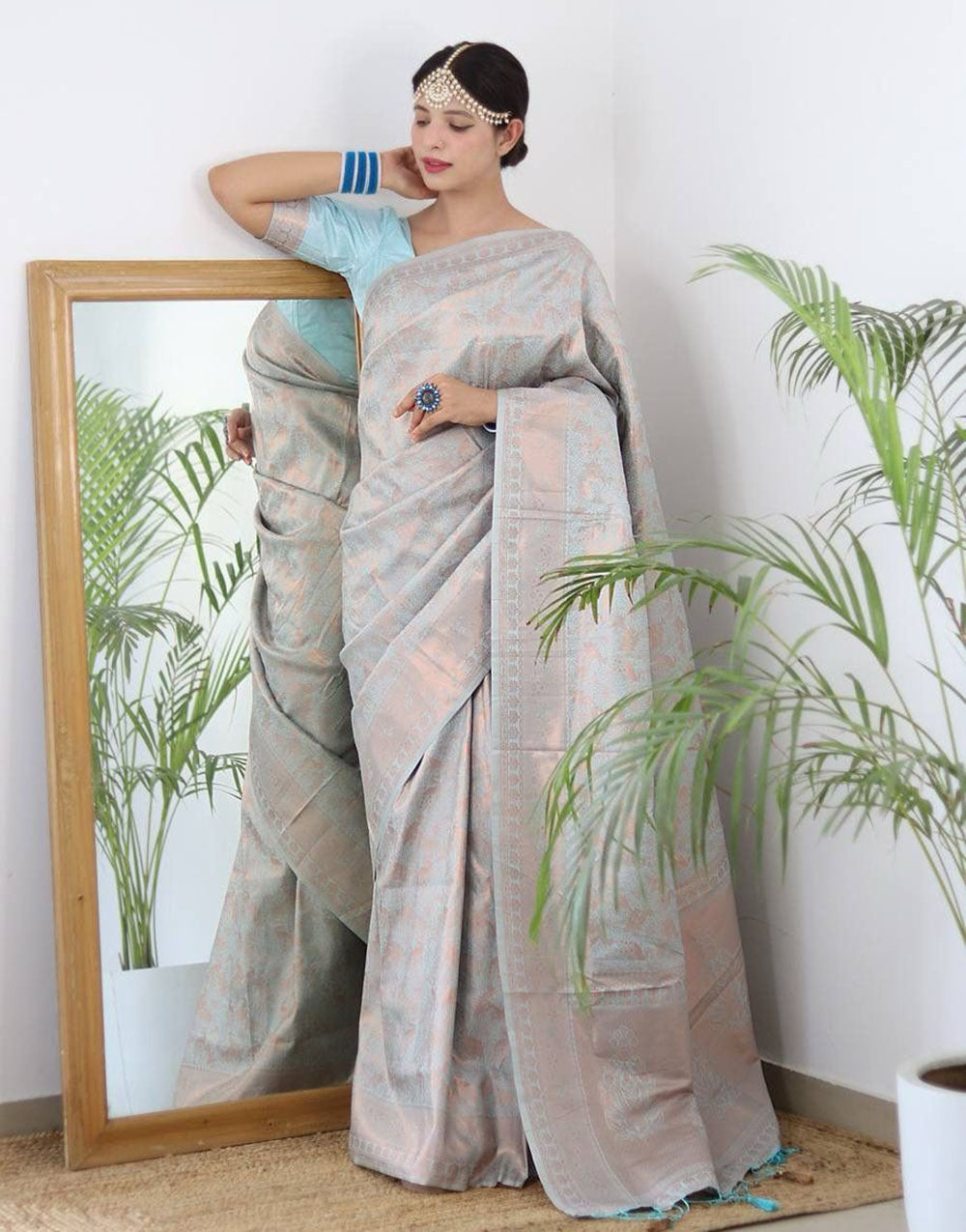 Light Blue Banarasi Silk Saree With Zari Weaving Work