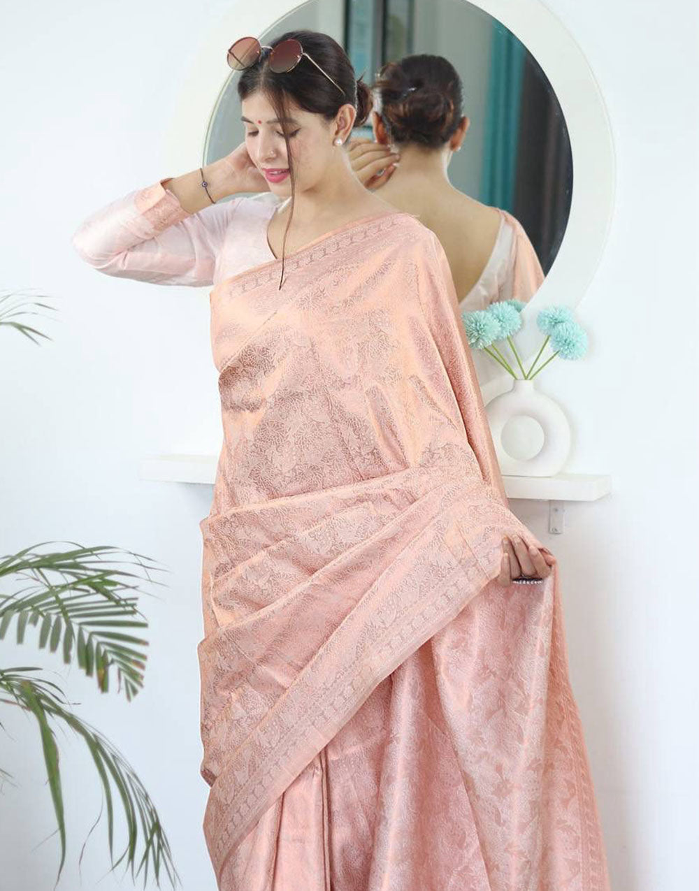 Peach Banarasi Silk Saree With Zari Weaving Work