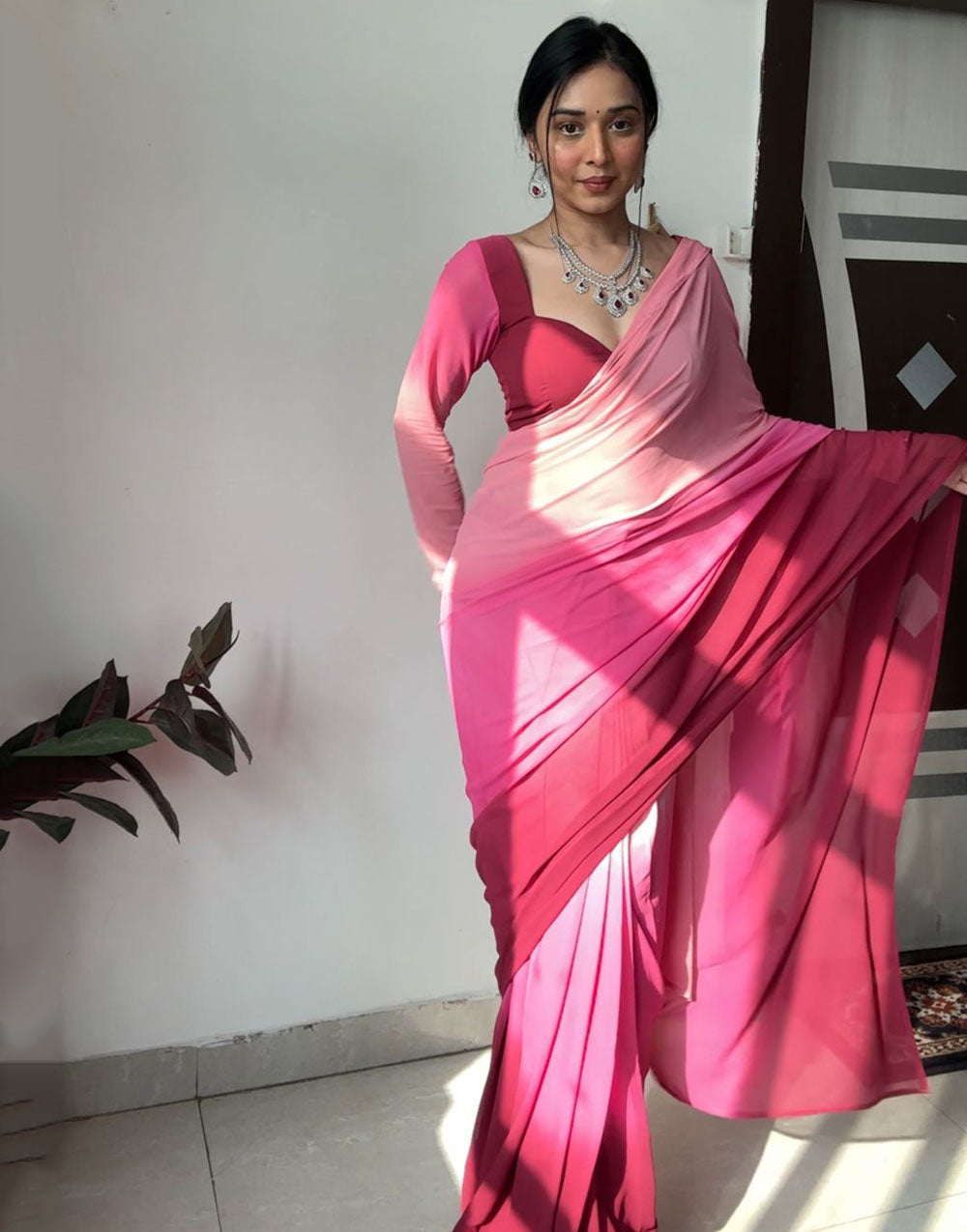 Beautiful Pink Georgette Ready To Wear Saree