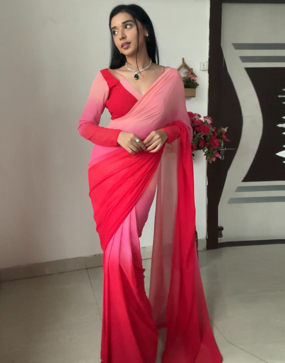 Red & Peach Georgette Ready To Wear Saree