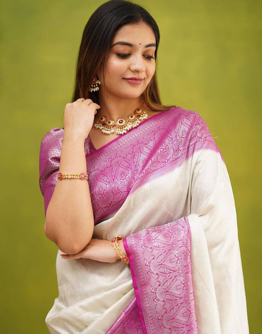 White Soft Lichi Silk Saree With Zari Weaving Border