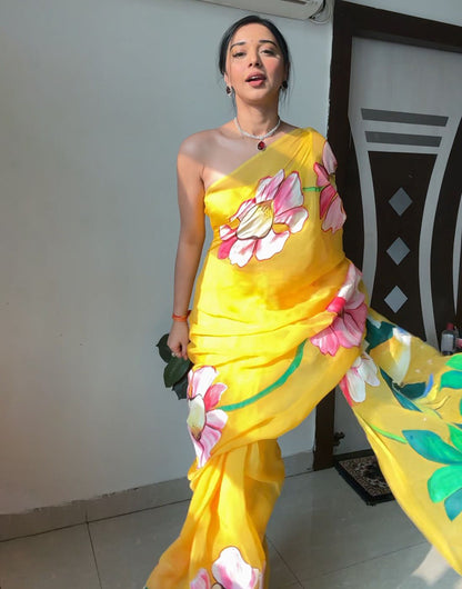 Yellow Soft Organza Ready To Wear Saree With Printed Work