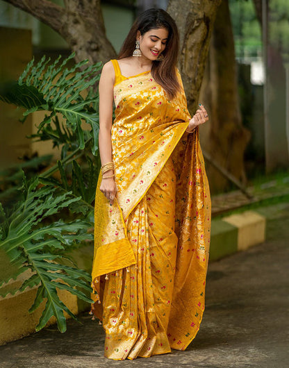 Yellow Banarasi Cotton Saree With Weaving Work