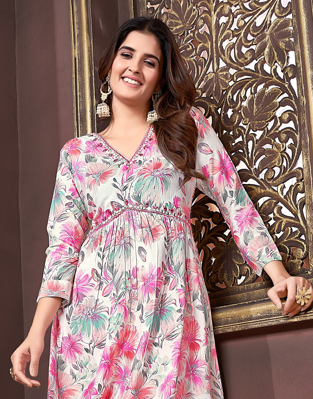 Hot Pink Rayon With Printed & Handwork Kurti