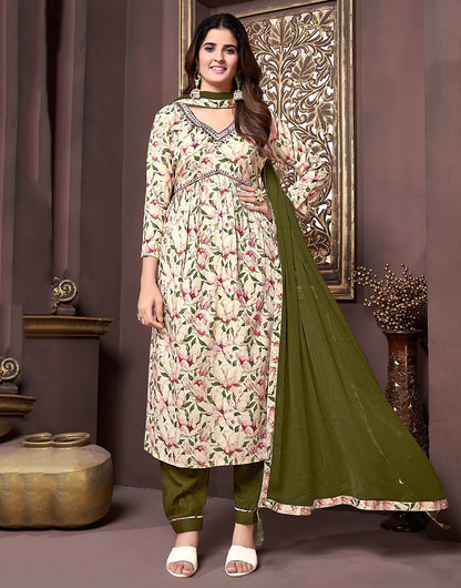 Dark Moss Green Rayon With Printed & Handwork Kurti