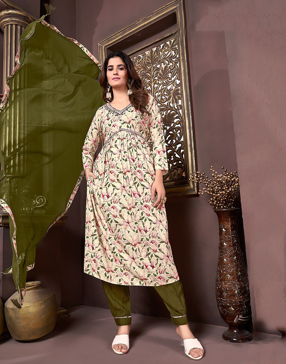 Dark Moss Green Rayon With Printed & Handwork Kurti