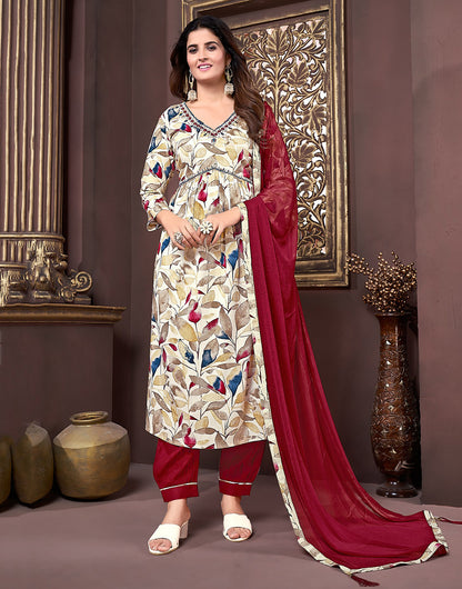 Maroon Rayon With Printed & Handwork Kurti