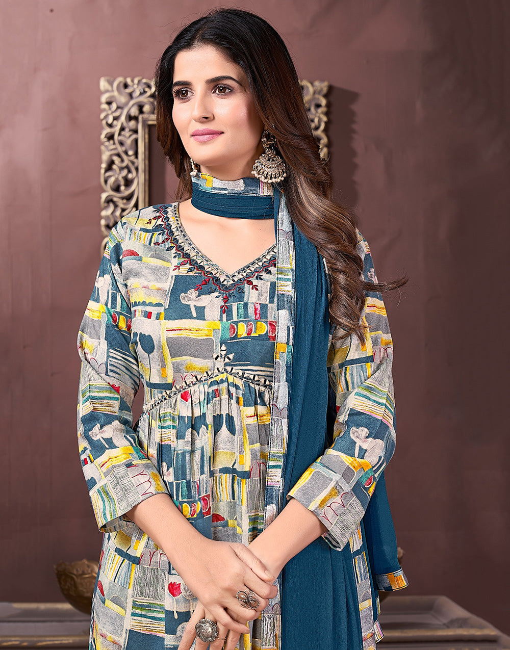 Dark Blue Green Rayon With Printed & Handwork Kurti