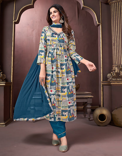 Dark Blue Green Rayon With Printed & Handwork Kurti