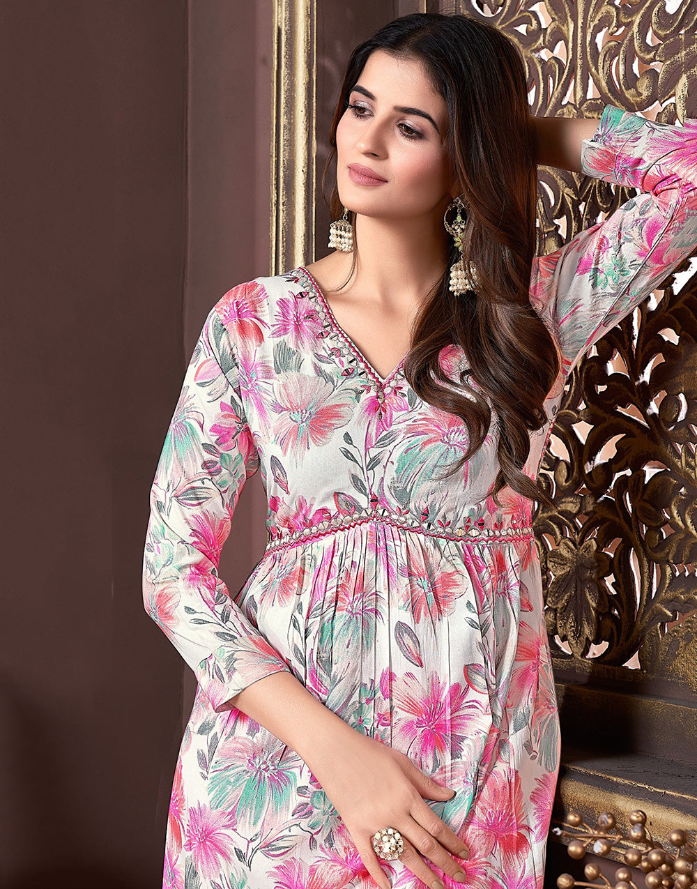 Hot Pink Rayon With Printed & Handwork Kurti