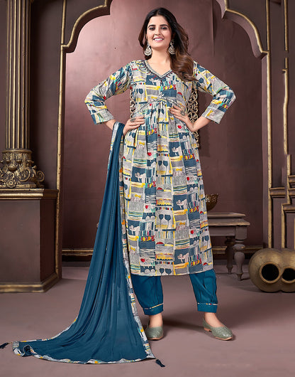 Dark Blue Green Rayon With Printed & Handwork Kurti