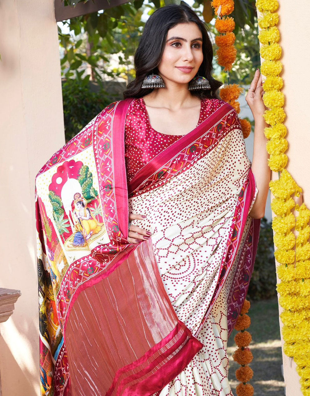 White & Dark Pink Gajji Silk With Bandhej Print & Lagdi Patta Saree