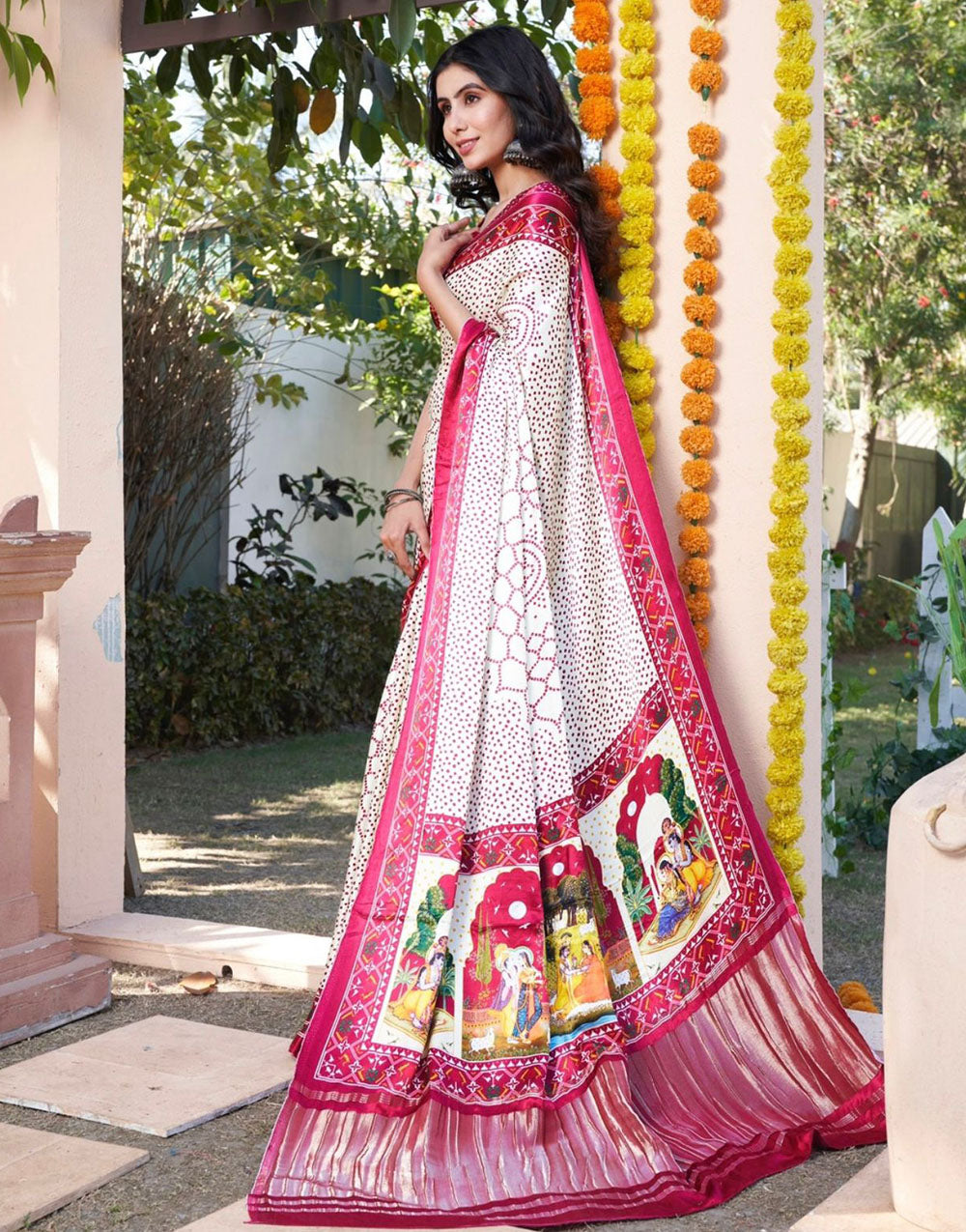 White & Dark Pink Gajji Silk With Bandhej Print & Lagdi Patta Saree