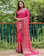 Rani Pink Bandhani Saree With Zari Weaving Work
