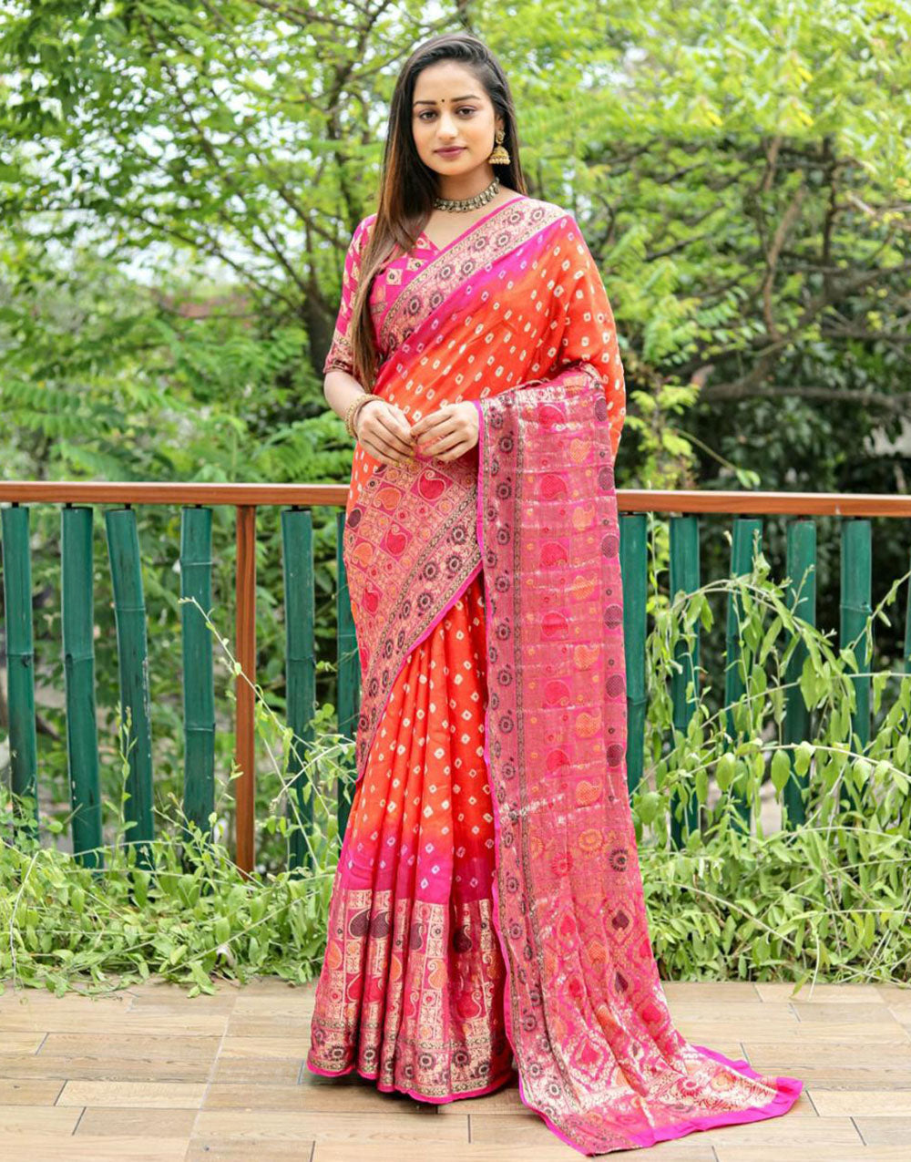 Orange & Pink Bandhani Saree With Zari Weaving Work