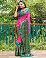 Pink & Dark Green Bandhani Saree With Zari Weaving Work
