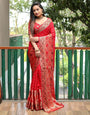 Crimson Red Bandhani Saree With Zari Weaving Work