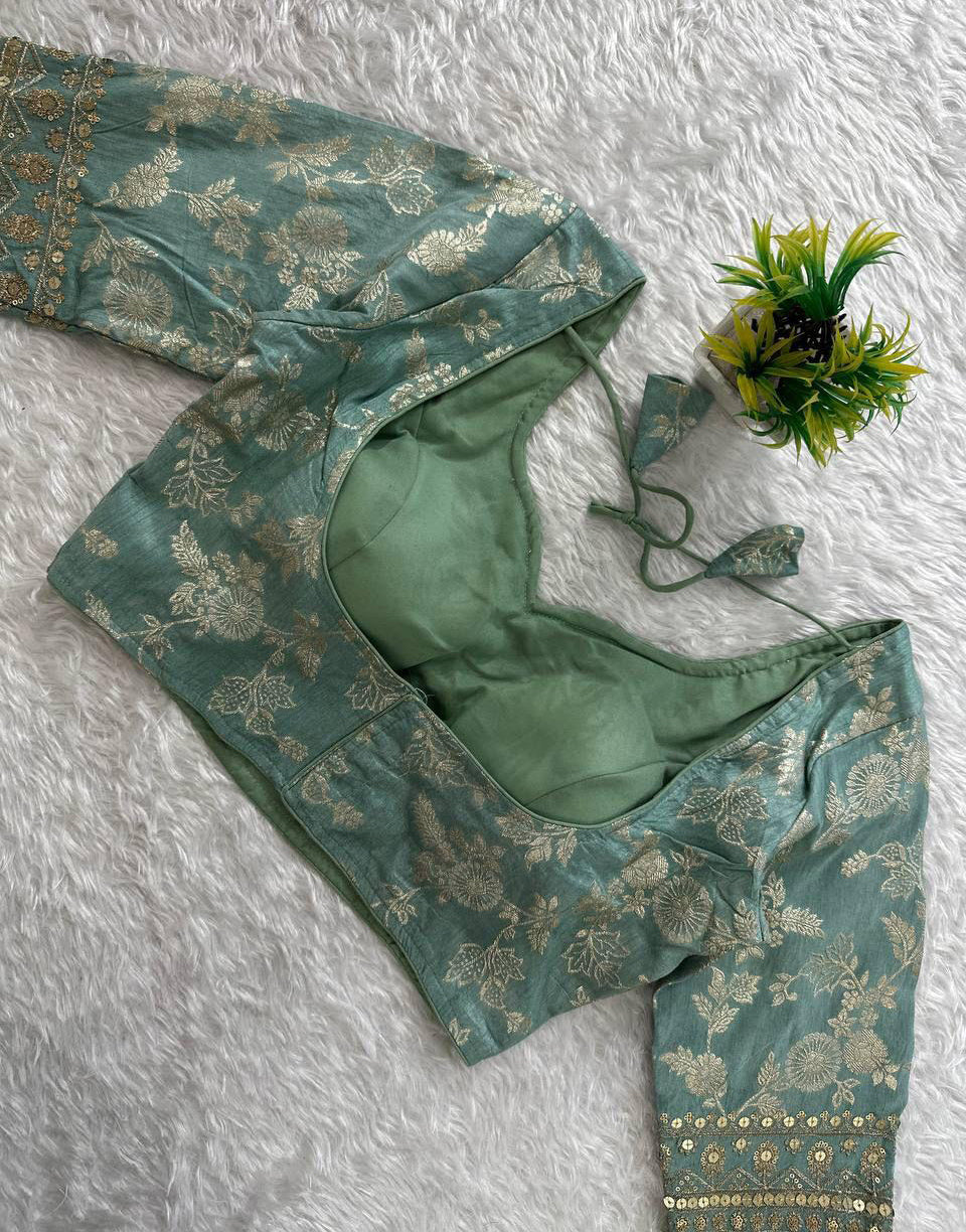 Mint Green Dola Silk With Embroidery & Sequence Work Blouse