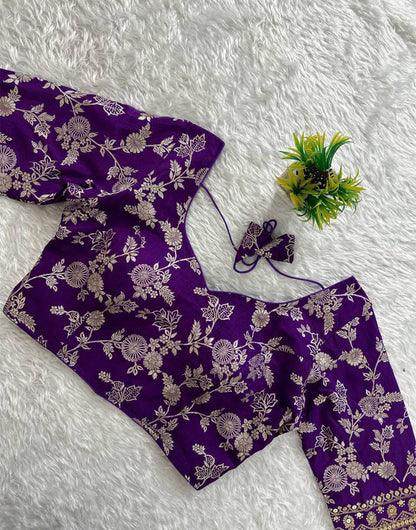 Indigo Purple Dola Silk With Embroidery & Sequence Work Blouse