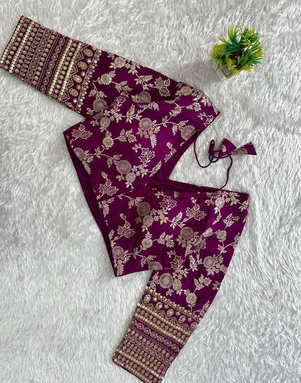 Plum Purple Dola Silk With Embroidery & Sequence Work Blouse