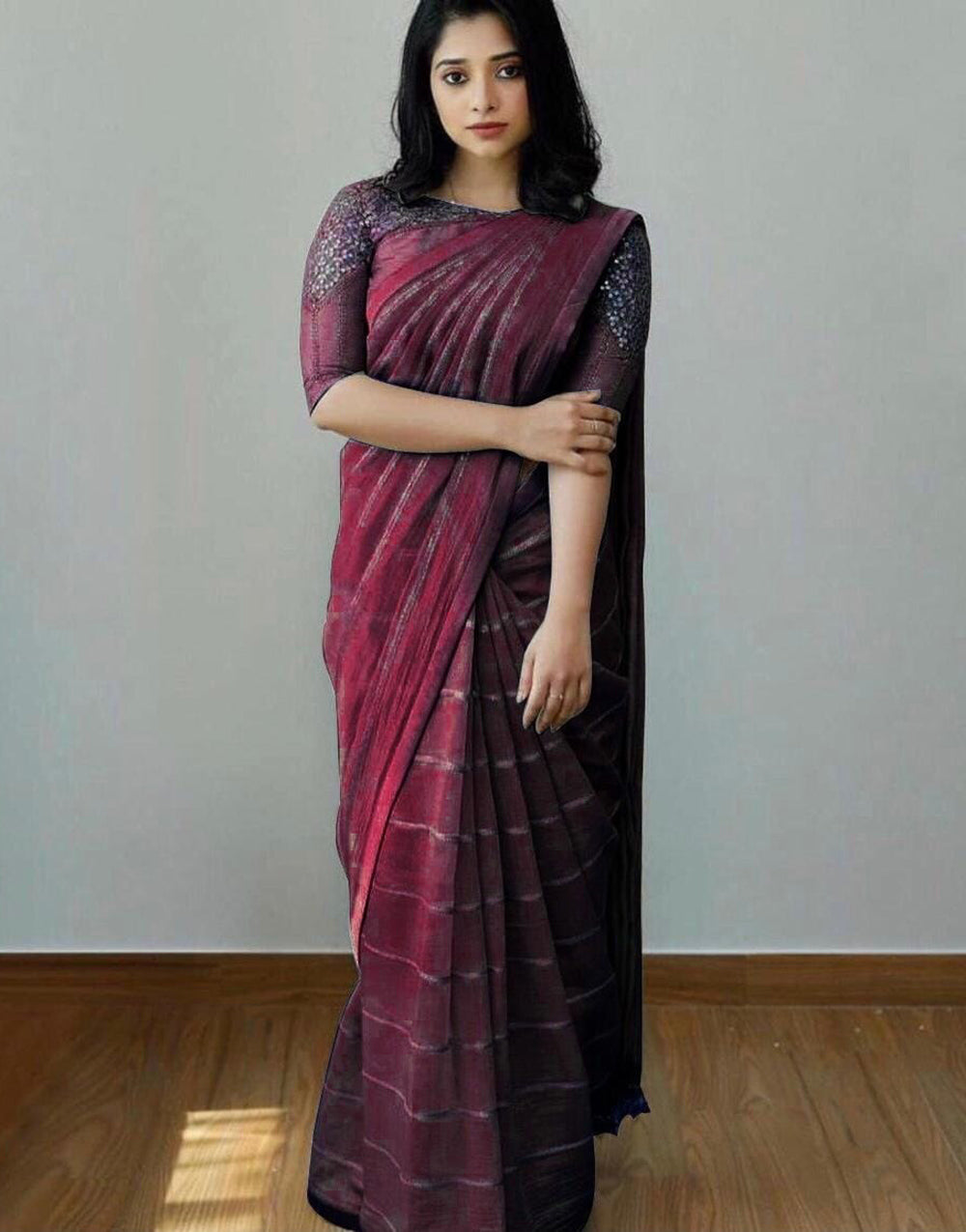 Wine Silk Saree With Thread & Sequence Work Blouse