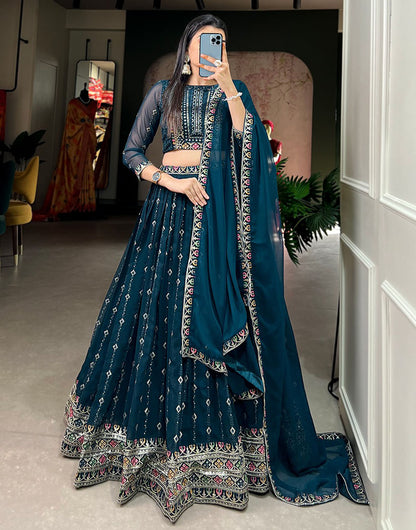 Prussian Blue Georgette With Sequence & Thread Embroidery Lehenga Choli